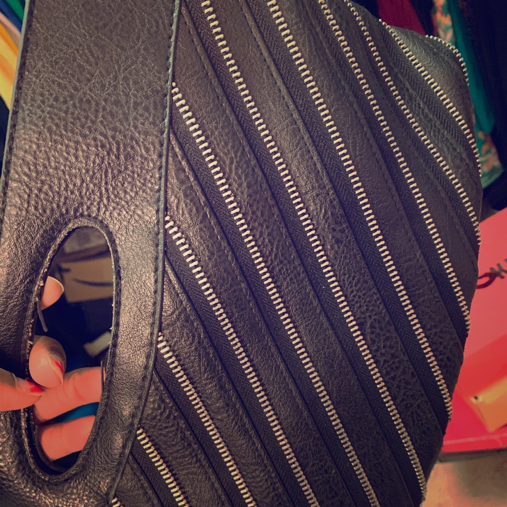 Black clutch with zipper embellishments.